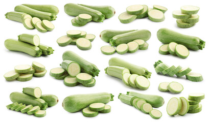 Fresh ripe zucchinis isolated on white, collage. Whole and cut