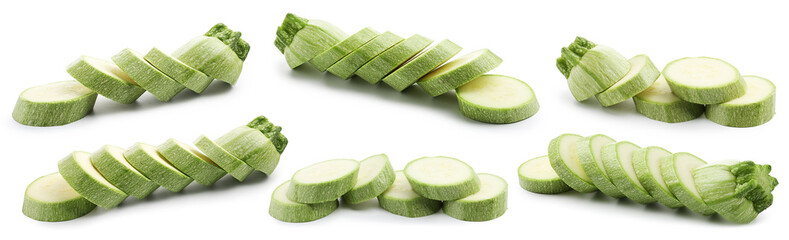 Pieces of fresh ripe zucchinis isolated on white, collage