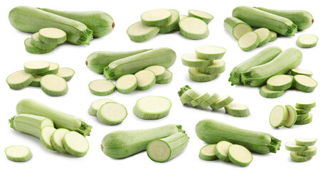 Fresh ripe zucchinis isolated on white, collage. Whole and cut