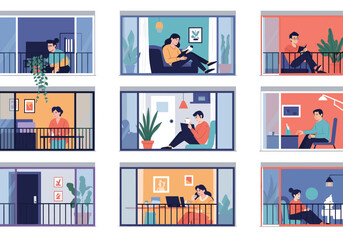 Diverse people engaging in various activities within their home apartments viewed from outside the windows