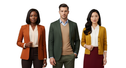 Diverse business professionals in modern business casual attire, isolated on white & transparent background, ideal for corporate branding, HR recruitment, career development resources,
