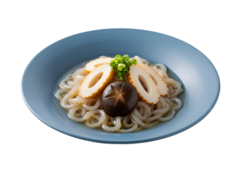 Light-blue plate showcasing a delectable dish of udon noodles, adorned with slices of fish cake and savory mushrooms.