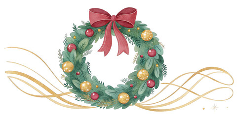 A beautifully adorned holiday wreath with lush green leaves is decorated with red and gold ornaments. A large, elegant red bow sits at the top, adding a festive touch.AI generated.