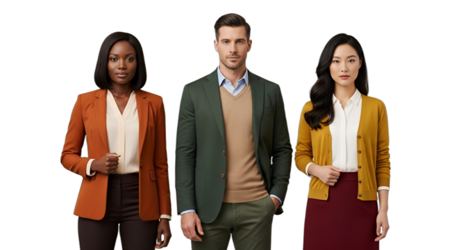 Diverse business professionals in modern business casual attire, isolated on white & transparent background, ideal for corporate branding, HR recruitment, career development resources,