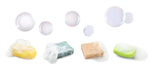 Soap bars and bubbles on white background, set