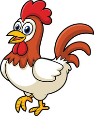 Cartoon rooster character, vector illustration, expressive farm bird, red comb, white feathers, standing pose, playful animal, stock art, children content