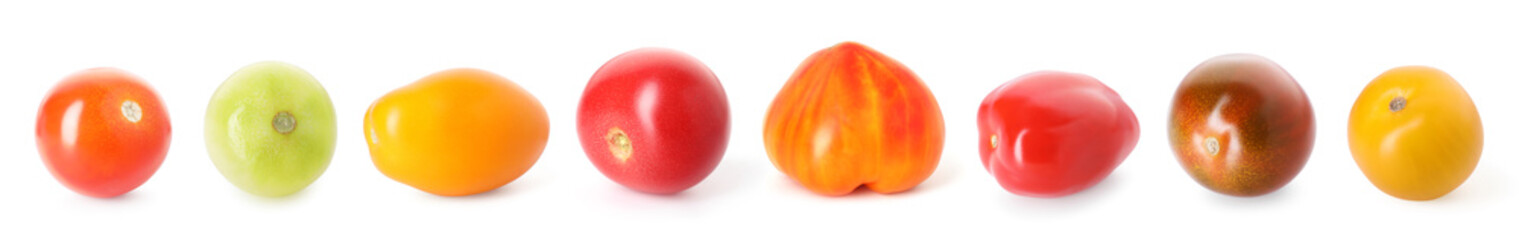 Different types of ripe tomatoes isolated on white, set