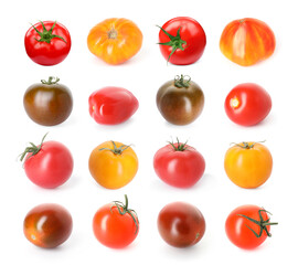 Different types of ripe tomatoes isolated on white, collage