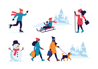 Illustrations of people enjoying winter activities outdoors in a snowy landscape with trees and a snowman scene