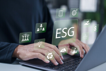 ESG, environmental, social and governance concept. business investment analysis for corporate sustainability strategy with green renewable energy.