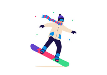Fototapeta premium Excited young person dressed for winter sports enjoys snowboarding down a snowy slope during a fun outdoor adventure activity