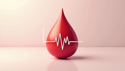 Red blood drop with heartbeat line on pink background  