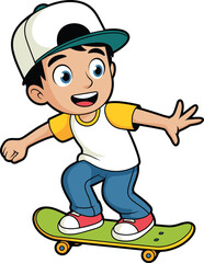 Cartoon skateboarder child, outdoor activity, dynamic pose, vector illustration, youth sports, fun character, motion action, playful design, street style, balance