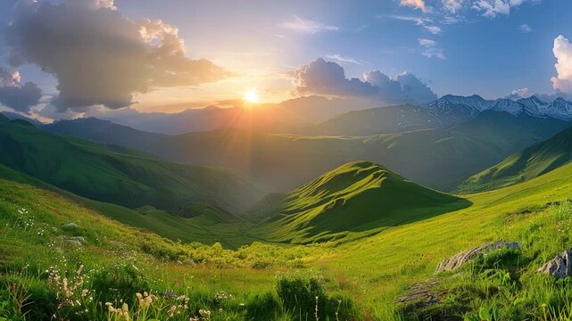 A serene landscape with the sun setting behind the rolling green hills