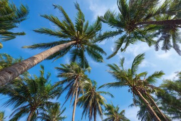 Lush palm trees against a vibrant blue sky
