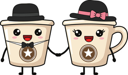 Coffee cup cartoon characters, cute beverage mascot set, friendship and love icons, smiling drink illustration, whimsical design vector, playful café artwork, couple theme