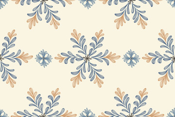 Vintage floral ethnic tapestry modern embroidery texture boho design vector illustration hand drawn silhouette indigo blue flower motif branches leaves wallpaper seamless background border.