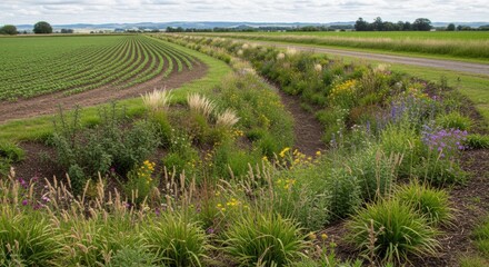 Medium shot capturing a rural bioswale enhancing natural water absorption with native plants beside farmland