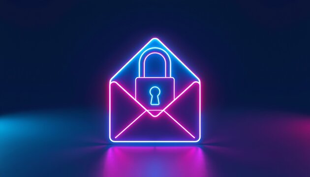 Neon Digital Security Icon with Padlock and Envelope