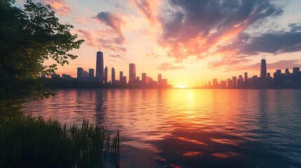 Fototapeta premium Scenic evening city skyline with glowing sunset over ocean high resolution picture