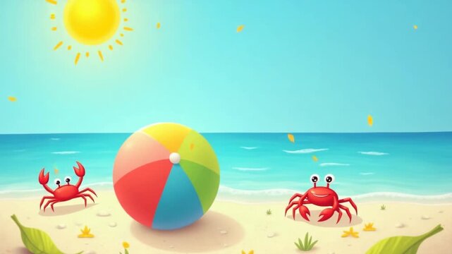 A cheerful beach scene with colorful ball, leaves, and tiny crabs under the sun