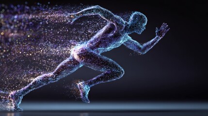 an athlete in motion, captured as a dynamic, 3d digital rendering against a dark background with speckles of light that suggest a trail behind them, resembling stardust or a cosmic effect