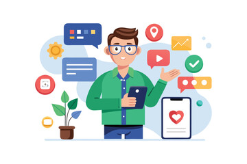 Digital Marketer or Social Media Manager with Mobile Devices and Icons