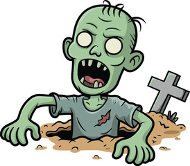 Cartoon zombie rising, graveyard scene, horror character, Halloween vector, creepy undead, scary monster, green skin, comic style, spooky theme