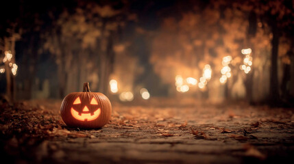 Halloween pumpkin with a glowing face in a park at night with autumn background