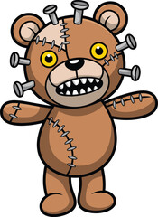 Creepy cartoon teddy bear, stitched body, bolts in head, scary expression, horror character, vector illustration, monster toy, spooky design, Halloween theme