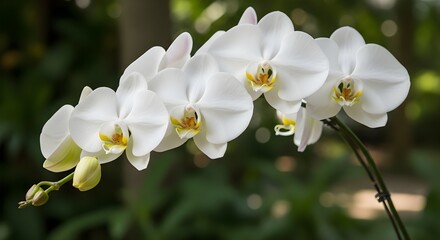 Obraz premium Beautiful White Orchid Flowers in Bloom with Green Background