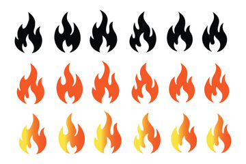 Fire icon collection. Fire flame vector icon set in black color. Flammable sign. Fire flame symbol. Flames icon sign symbol collections, vector illustration. Bonfire silhouette logotype. Flat style