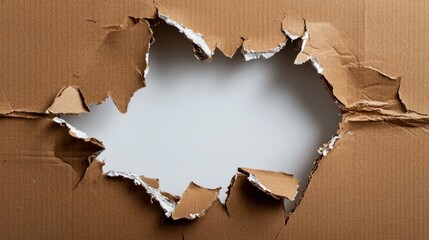 Close-up of torn cardboard revealing a bright white space, textured surface.
