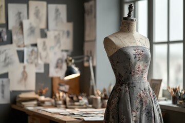 a dress form in a fashion designer's workspace, where inspiration comes to life