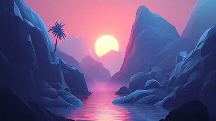 Serene synthwave landscape features vibrant sunset over tranquil river, surrounded by stylized mountains and lone palm tree, evoking nostalgic and dreamy atmosphere
