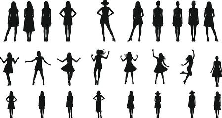 Set of woman silhouette vector icons featuring various standing, dancing, and walking poses in dresses and casual modern female outfits.