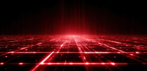 Red grid network stretching into a dark space