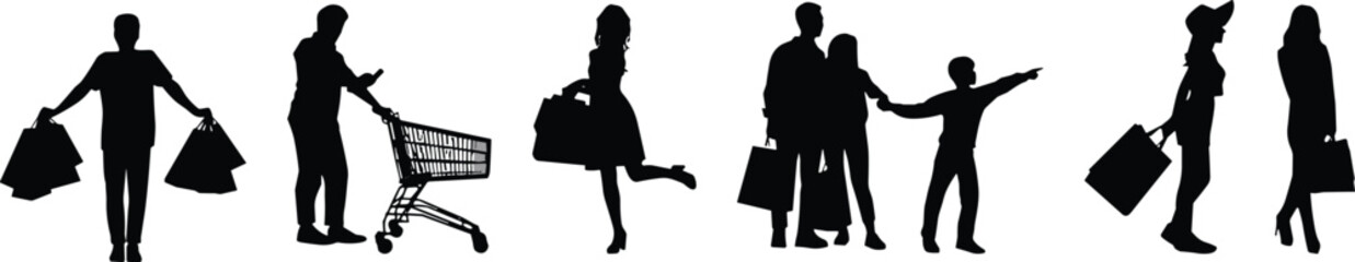 Shopping silhouettes, people with bags, retail activity, consumer behavior, vector illustration, black and white, family shopping, motion pose, market scene, lifestyle concept