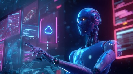 a futuristic robot working with interactive screens, showcasing advanced technology and data analysis