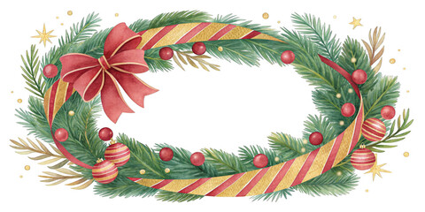 A beautifully crafted wreath featuring lush green pine branches, vibrant red and gold ornaments, and a prominent red bow.AI generated.