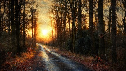Fototapeta premium A road leads into a forest at sunset, with the sun shining through the trees, creating a warm, golden light.