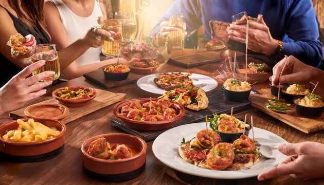 a tapas bar in spain with patrons enjoying small plates like chorizo patatas bravas and gambas al ajillo surrounded by lively conversation