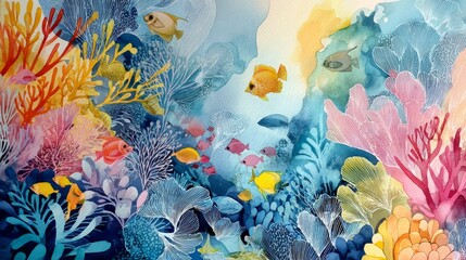 a vibrant underwater scene with an array of tropical fish and colorful coral reefs