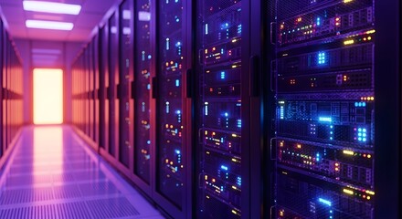 Immersive view of a modern data center hallway filled with glowing server racks, a vibrant hub of digital infrastructure and technological advancement