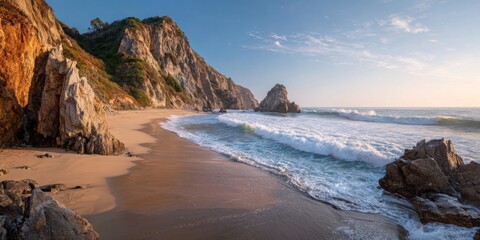 Coastal beach scene at sunrise or sunset.  Rocky cliffs meet a sandy shore, with waves crashing gently on the beach
