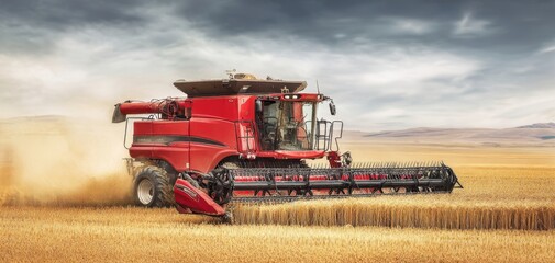 Obraz premium The powerful combine harvester working in a golden wheat field at sunset.
