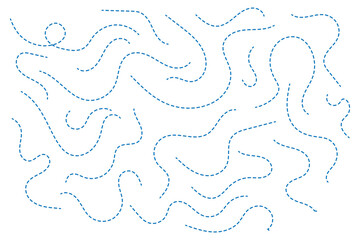 Hand drawn dotted lines path isolated on white background. Path travel dotted line trip dashed trace destination track plan and silhouette, travelling symbol.