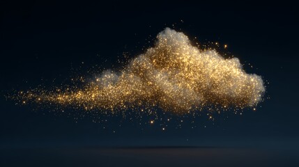 an ephemeral moment of a golden cloud formation in a night sky, against a dark background, with numerous particles scattered throughout, giving an impression of a fleeting, magical event