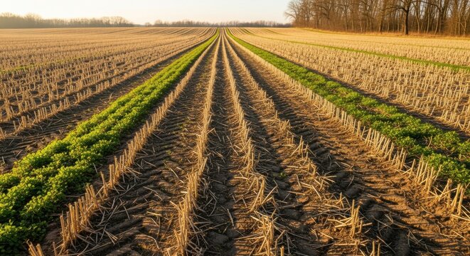 Medium shot of a fallow field resting under sunlight depicting periods of intentional soil recovery and nutrient restoration