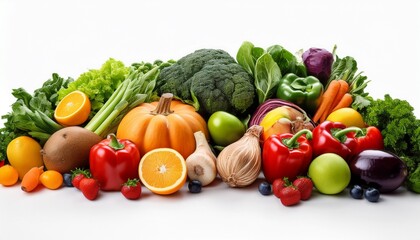 vibrant fresh vegetables and fruits on white background